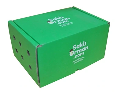 Green cardboard e-commerce box with logo